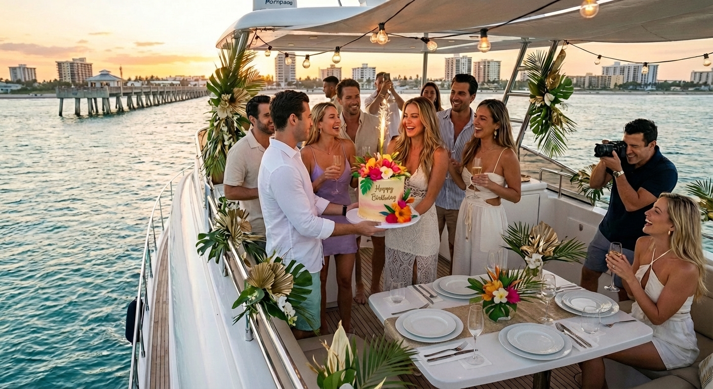Guests celebrating a birthday on a Pompano Beach yacht with ocean views and festive atmosphere