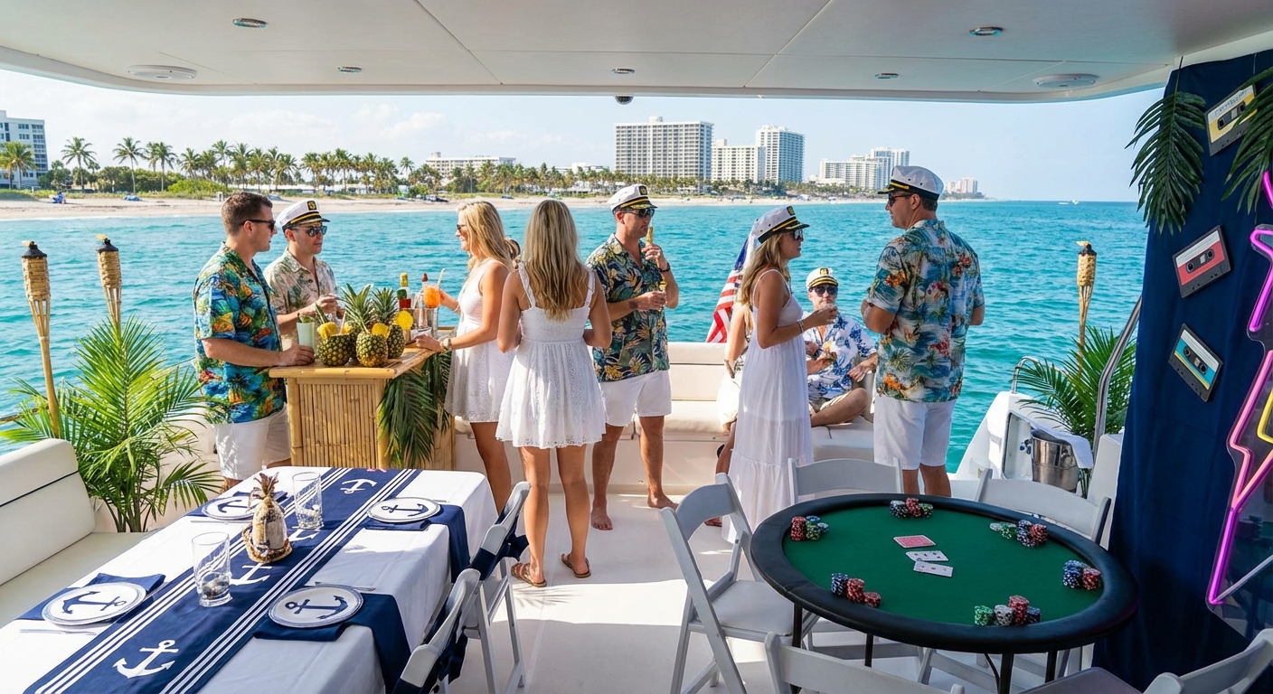 Yacht decorated for a creative themed charter event in Pompano Beach
