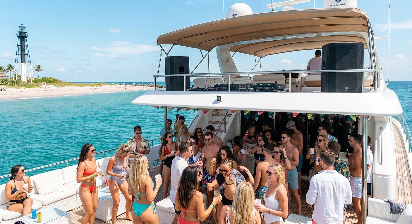 Yacht party in Pompano Beach with a DJ, guests dancing and enjoying the sunset on deck