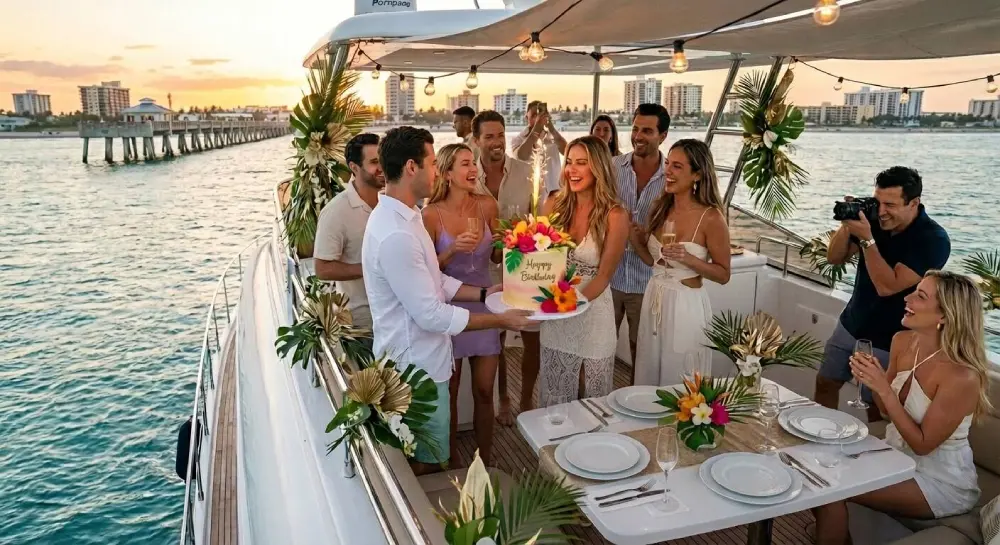 Guests celebrating a birthday on a Pompano Beach yacht with ocean views and festive atmosphere