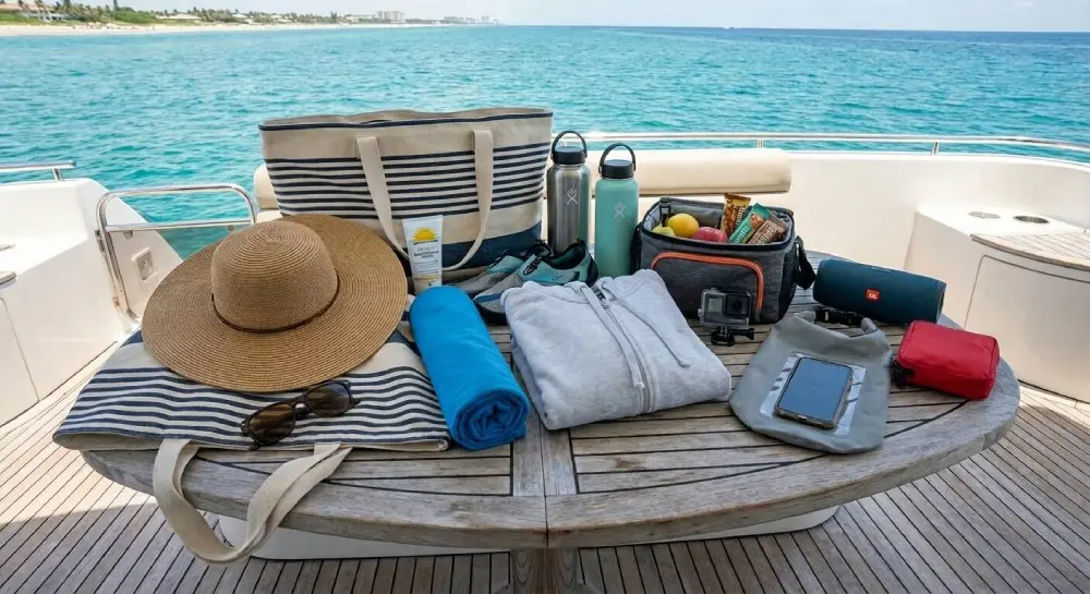 Essentials to pack for a perfect yacht day in Pompano Beach, including sun protection, swimwear, and safety gear