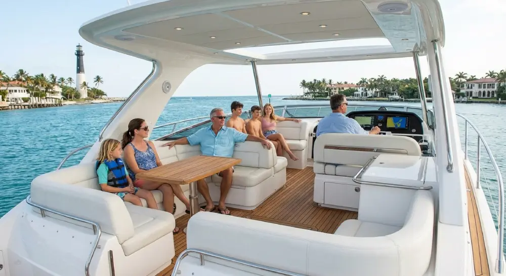 Family enjoying a fun and relaxing boat cruise near Pompano Beach, Florida